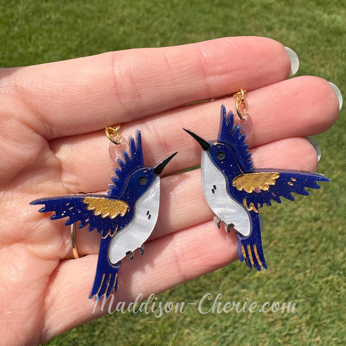 Dark Blue Hummingbird Earrings | Acrylic Earrings | Large