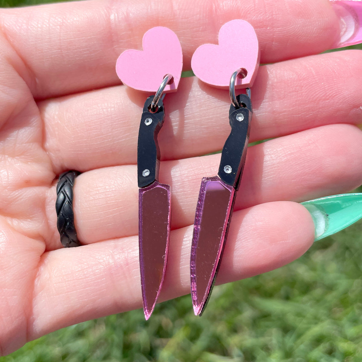 Pretty in Pink Killer, knife earrings, laser cut acrylic, charms, past –  Sparkle Monster