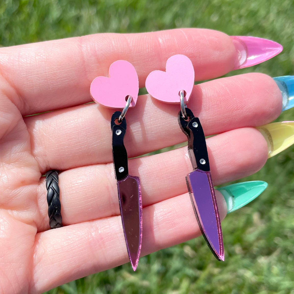 Pretty in Pink Killer, knife earrings, laser cut acrylic, charms, past –  Sparkle Monster