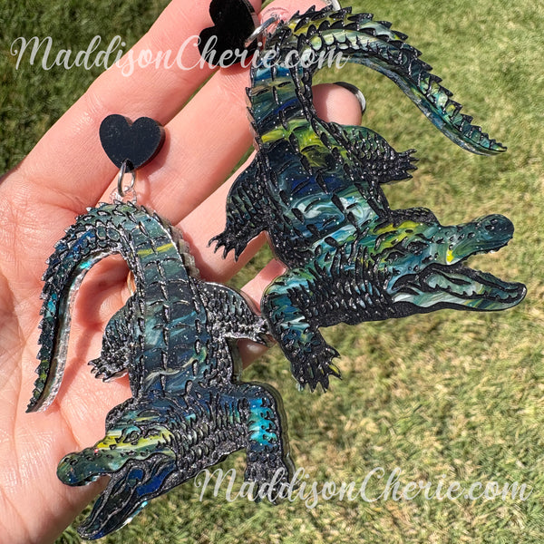 Big Magical Green Marbled Crocodile Earrings