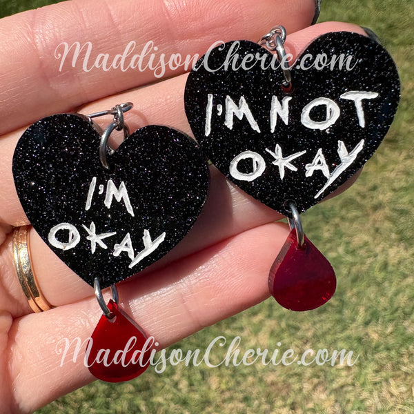 I'm Okay / I'm Not Okay - Black Glitter Heart Earrings