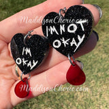 I'm Okay / I'm Not Okay - Black Glitter Heart Earrings