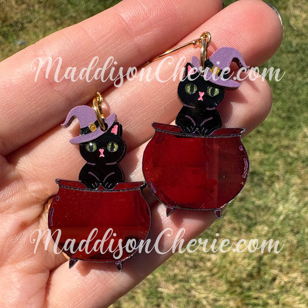 Halloween Cauldron Cat Earrings