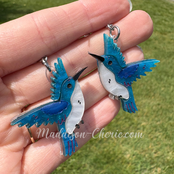Light Blue and White Hummingbird Earrings | Acrylic Earrings | Large Statement Earrings | Hypoallergenic Jewelry