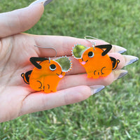 Neon Orange Chainsaw Dog Earrings