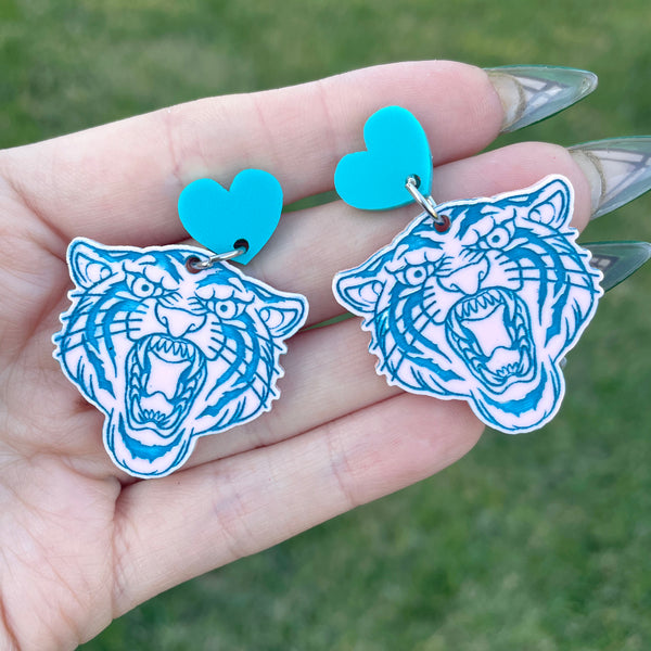 Pink and Blue Tiger Face Earrings