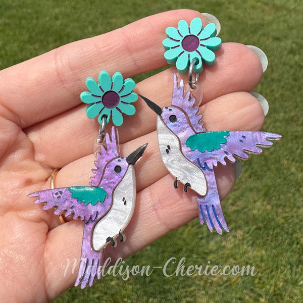Purple and Teal Blue Hummingbird Earrings | Acrylic Earrings | Large Statement Earrings | Hypoallergenic Jewelry