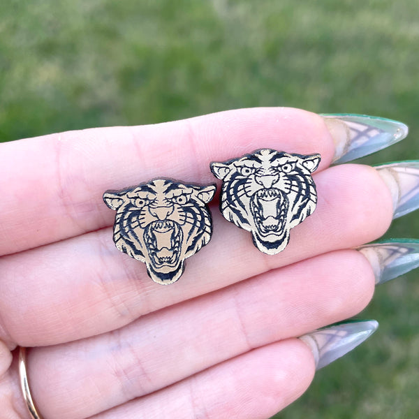 Gold and Black Tiger Face Stud Earrings