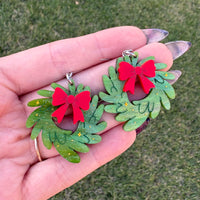 Christmas Wreath with Bow Earrings | Acrylic Statement Earrings | Hypoallergenic Earrings