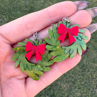 Christmas Wreath with Bow Earrings | Acrylic Statement Earrings | Hypoallergenic Earrings