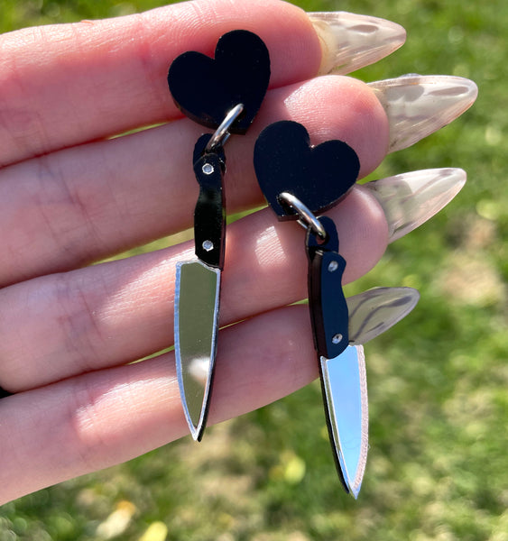 Black Heart Knife Dangle Earrings