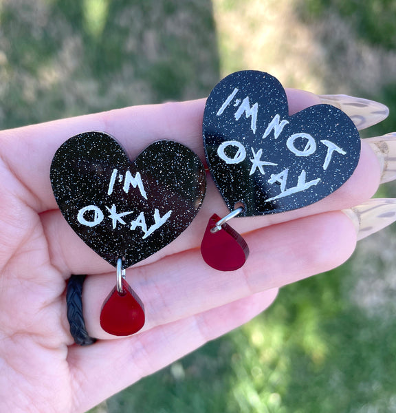 I'm Okay / I'm Not Okay - Black Glitter Heart Stud Earrings