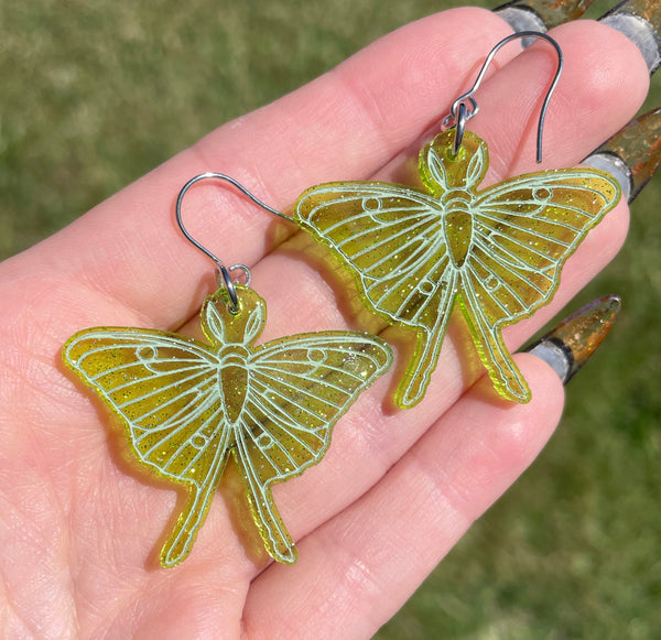 Glittery Luna Moth Dangle Earrings