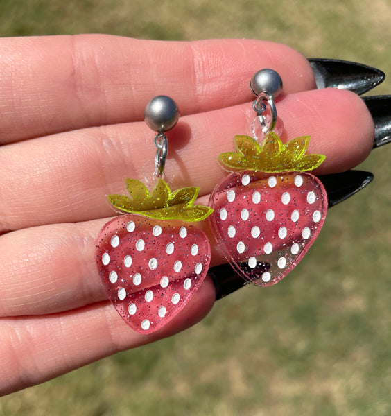 Glittery Pink Strawberry Earrings