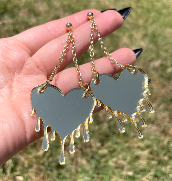 Gold Mirror Melty Heart Dangle Earrings