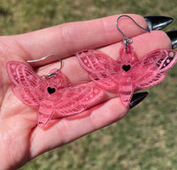 Pink Glitter Heart Moth Dangle Earrings