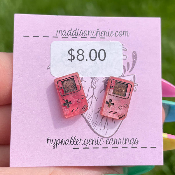 CLEARANCE - Marbled Pink Gameboy Stud Earrings