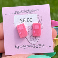 CLEARANCE - Pink Gameboy Stud Earrings