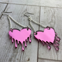 Mirrored Pink Melty Heart Dangle Earrings