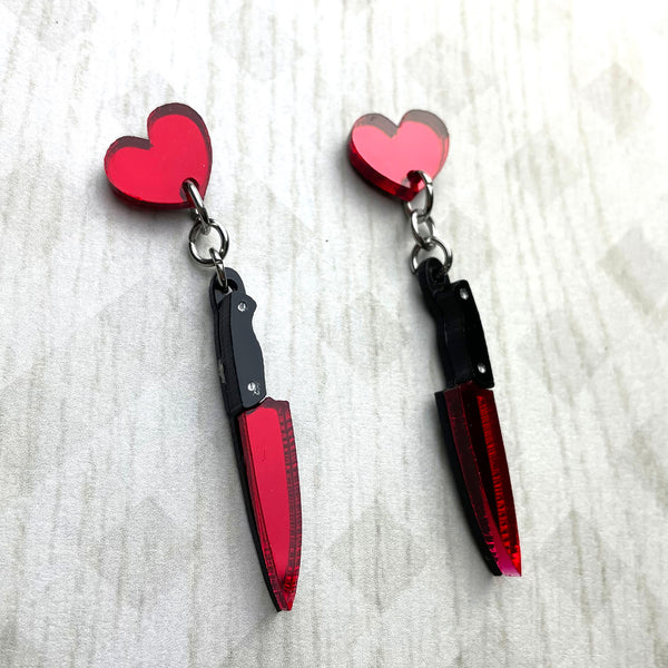 Red Heart Knife Dangle Earrings