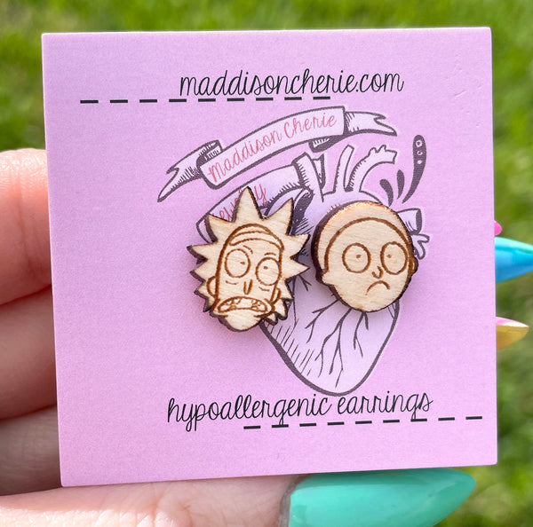 CLEARANCE - Wood Rick and Morty Stud Earrings